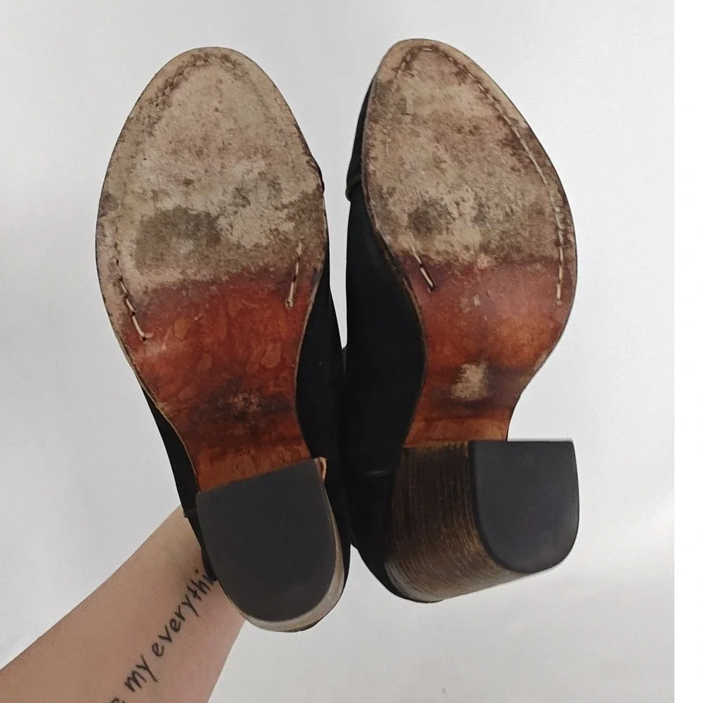 Rag & Bone Harrow Black Suede Leather‎ Stacked Heeled Ankle Strap Bootie size 37